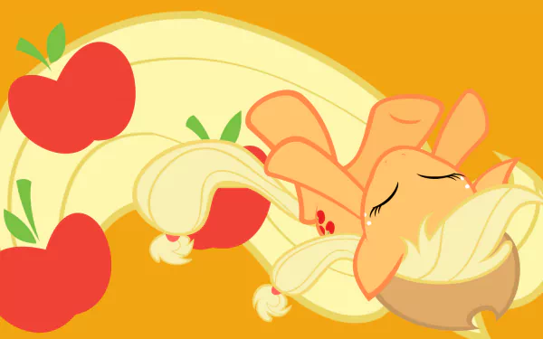 HD PC desktop wallpaper of Applejack from My Little Pony: Friendship Is Magic — sleeping with cowboy hat, flowing blonde mane and floating red apples on an orange background.
