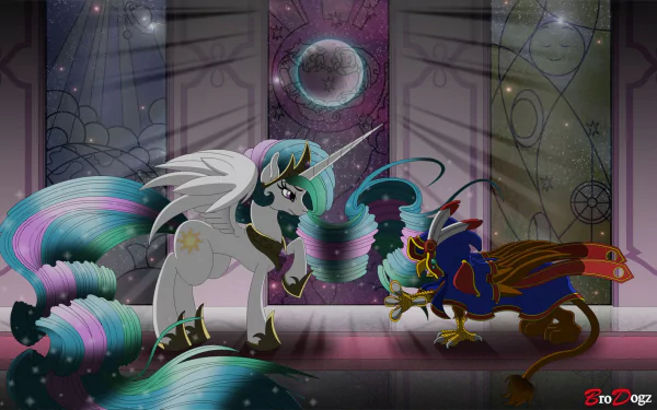 HD desktop wallpaper featuring Princess Celestia and a griffin from the TV show My Little Pony: Friendship Is Magic in a mystical, celestial setting.