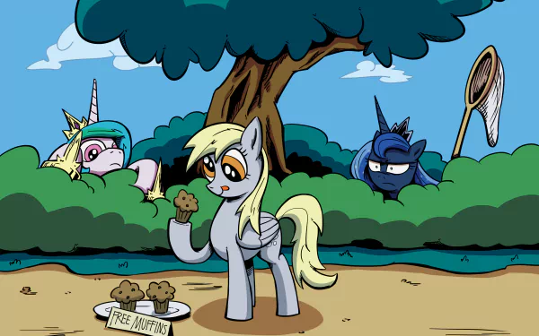 4K Ultra HD My Little Pony: Friendship Is Magic wallpaper featuring Princess Luna, Princess Celestia, and Derpy Hooves in a playful garden scene.