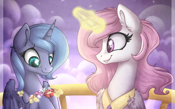 An HD desktop wallpaper featuring Princess Luna and Princess Celestia from My Little Pony: Friendship Is Magic, surrounded by a dreamy, cloud-filled backdrop.