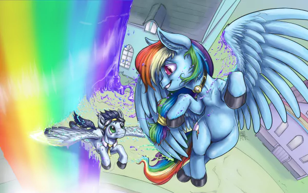 A vibrant HD wallpaper featuring Soarin and Rainbow Dash from *My Little Pony: Friendship Is Magic*, showcasing their joyful flight alongside a colorful rainbow.