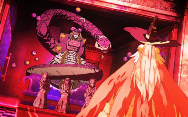 HD anime desktop wallpaper featuring Medusa from Witch Craft Works confronting Ayaka Kagari in a dynamic, vividly colored scene from the series.