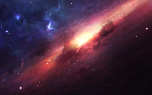 A stunning HD desktop wallpaper featuring a vivid nebula in space with hues of orange, pink, and red, blending into a backdrop of deep space and distant stars.