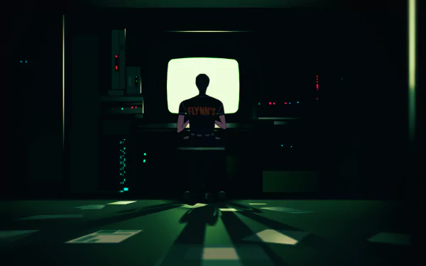 Silhouetted figure at a glowing console in a dark neon control room — Tron: Uprising (TV show) HD PC desktop wallpaper/background.