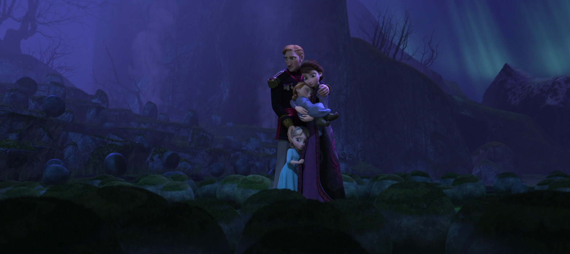 HD PC desktop wallpaper: Anna and Elsa embrace with Trolls in a moonlit forest scene from Disney's Frozen movie.
