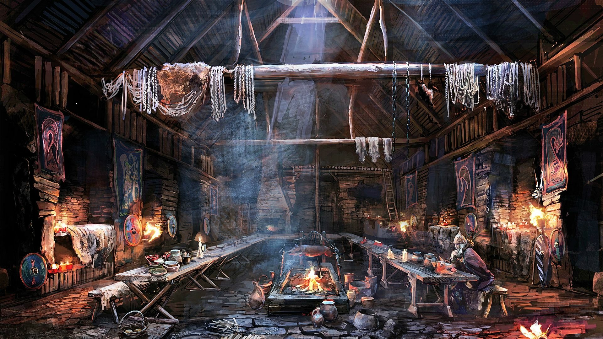 HD PC desktop wallpaper featuring a detailed interior scene from the video game The Witcher 3: Wild Hunt, showcasing a rustic, medieval-style longhouse.