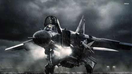 HD desktop wallpaper of a Mikoyan-Gurevich MiG-23 military airplane captured in dark, stormy weather with dramatic lighting highlighting the aircraft's details.
