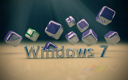 An HD desktop wallpaper featuring the text Windows 7 with colorful 3D cubes floating above a glossy surface, showcasing a modern technology aesthetic.