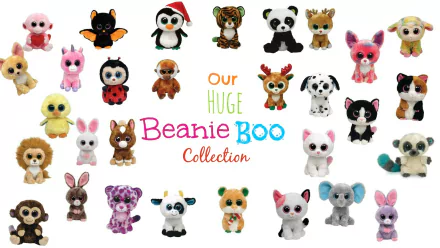 A vibrant HD desktop wallpaper featuring a diverse collection of Beanie Boos, showcasing various colorful plush animals arranged around the text Our HUGE Beanie Boo Collection.