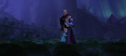 HD PC desktop wallpaper: Anna and Elsa embrace with Trolls in a moonlit forest scene from Disney's Frozen movie.