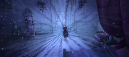Elsa from Disney's Frozen, surrounded by a snowy atmosphere in an elegant room, serves as a captivating HD desktop wallpaper or background for fans of the movie.