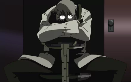 A high-definition wallpaper featuring Franken Stein from the anime Soul Eater, displaying him in a seated position with a contemplative expression and distinct bandaged attire.