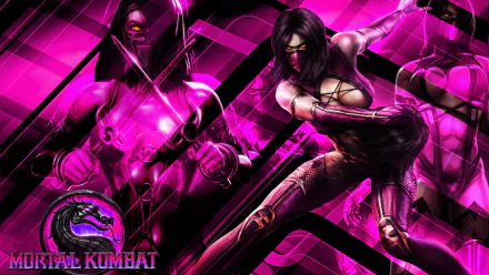 A vibrant HD wallpaper featuring characters from Mortal Kombat, showcasing dynamic poses against a striking pink background with the iconic logo.