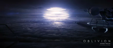 HD PC desktop wallpaper and background from the movie Oblivion (2013): a futuristic platform above a sea of clouds with glowing concentric light rings and a hovering craft at dusk.