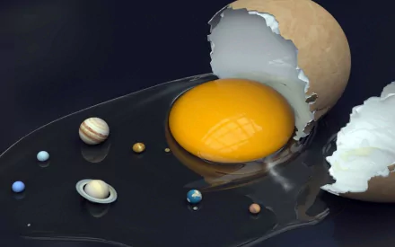 A HD Sci-Fi Easter wallpaper featuring a cracked egg with a solar system inside, where the yolk represents the sun and the tiny planets orbit around it against a dark background.