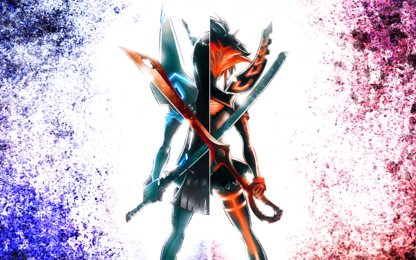 HD desktop wallpaper featuring a stylized character from the anime Kill La Kill. The image shows the character holding two weapons, with contrasting blue and pink abstract backgrounds.