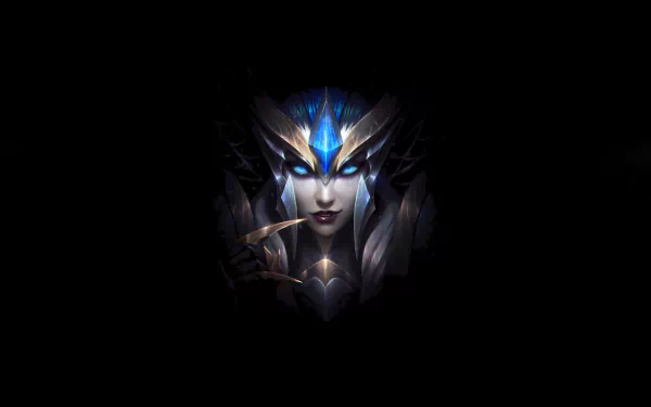 HD desktop wallpaper featuring Elise from League of Legends, a video game character with striking blue accents and a captivating, enigmatic expression.