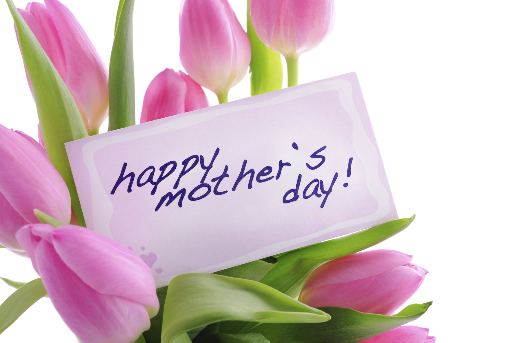 HD desktop wallpaper featuring pink tulips and a card with happy mother's day! text, celebrating Mother's Day holiday.