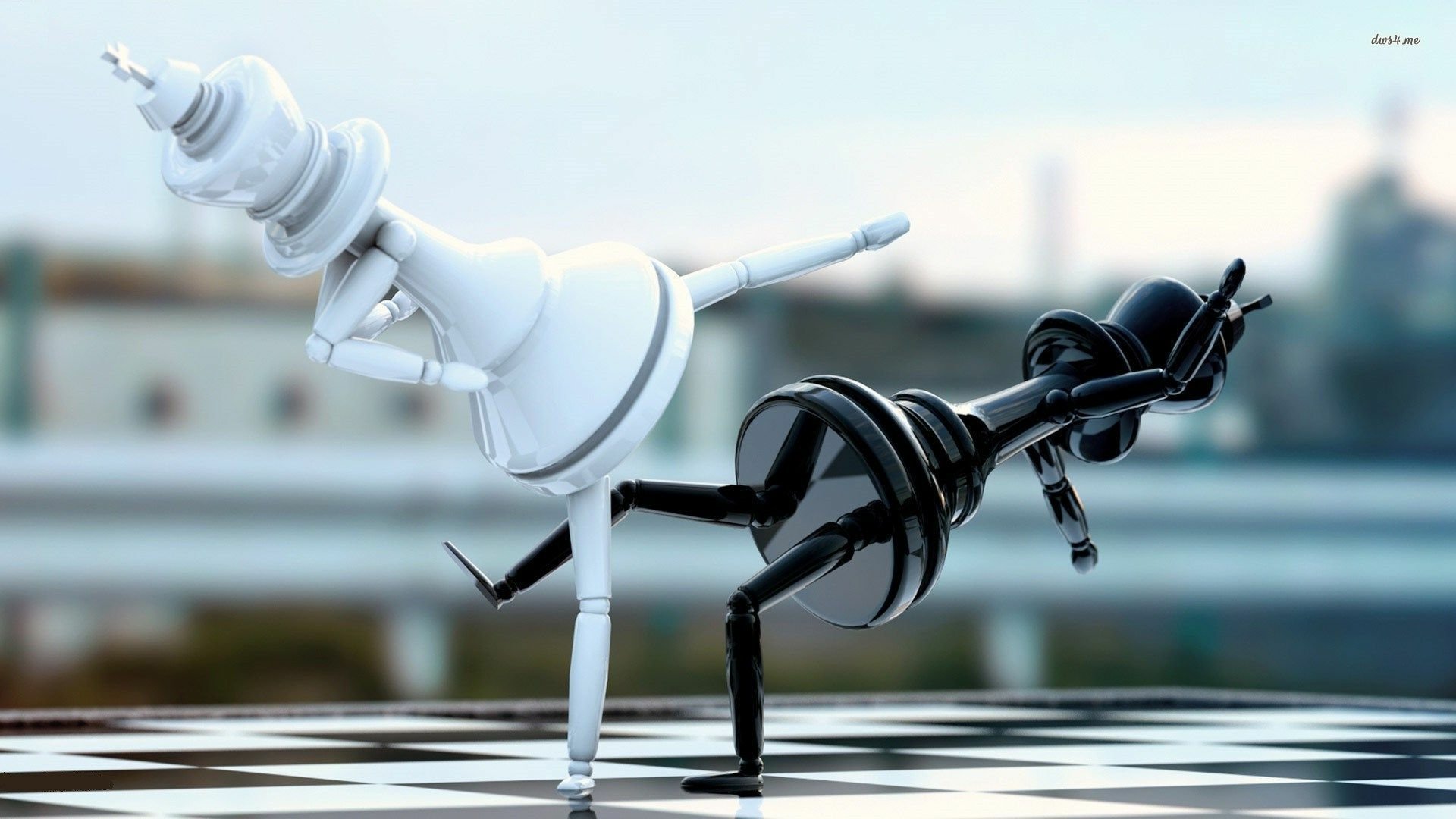 HD desktop wallpaper featuring man-made chess pieces, a black and a white king, dynamically posed on a chessboard against a blurred outdoor background.