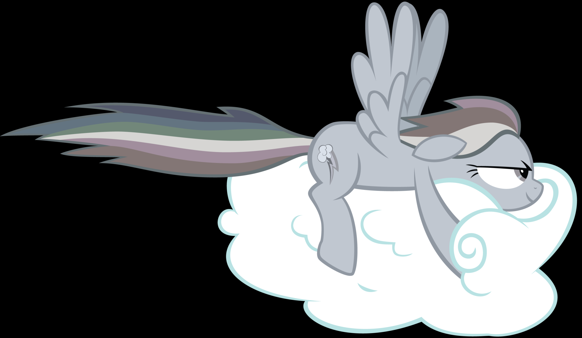 HD desktop wallpaper featuring Rainbow Dash from the TV show My Little Pony: Friendship Is Magic, depicted resting on a cloud against a black background.