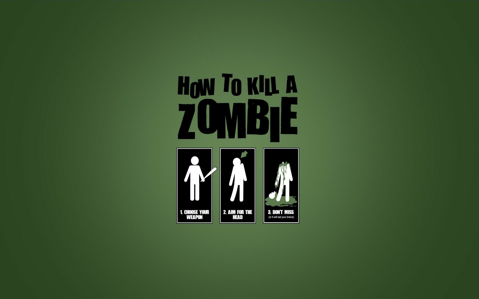 HD PC desktop wallpaper featuring dark-themed instructions on how to kill a zombie, with three stylized white silhouette icons on a green background.