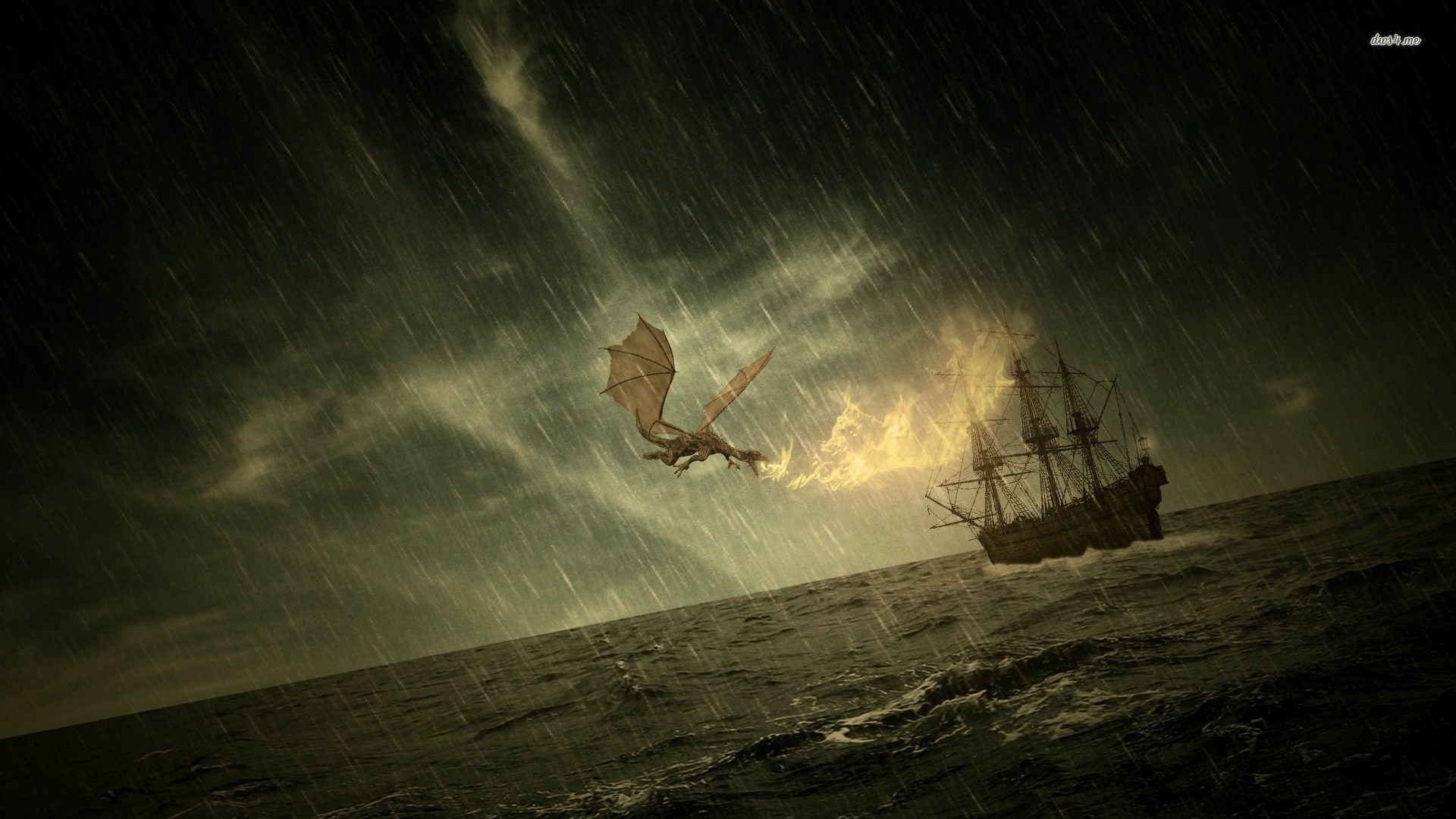 HD fantasy desktop wallpaper depicting a dragon unleashing fire amidst a stormy sea as an old sailing ship battles rough waters under dark, dramatic skies.