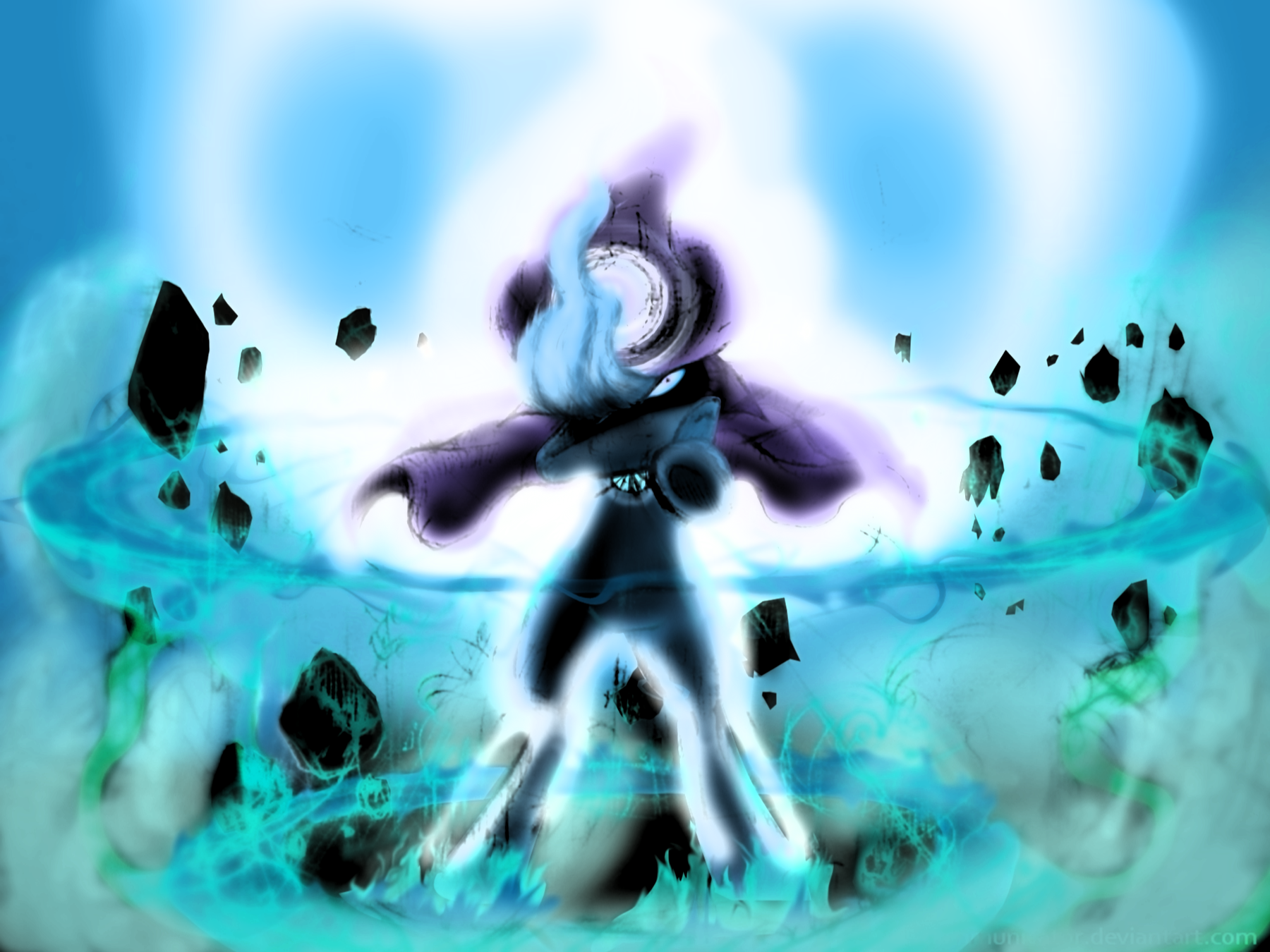 Trixie (My Little Pony) from My Little Pony: Friendship Is Magic channels bright turquoise magic, levitating rocks and a glowing blue aura — HD PC desktop wallpaper and background.