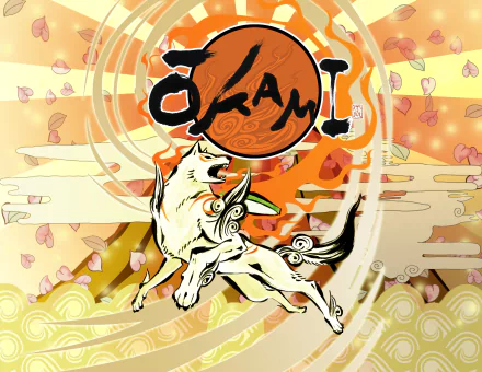 HD PC desktop wallpaper featuring vibrant artwork from the video game Ōkami, showcasing the protagonist wolf with swirling patterns and falling cherry blossoms.