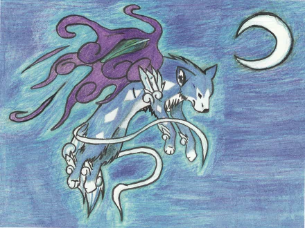 A striking HD wallpaper featuring a crossover of Ōkami and Suicune from Pokémon, set against a vibrant blue background with a crescent moon.