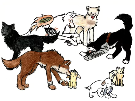 Anime crossover HD PC desktop wallpaper and background showing hand-drawn wolves and fox-like characters in black, brown and white interacting playfully on a clean white backdrop.