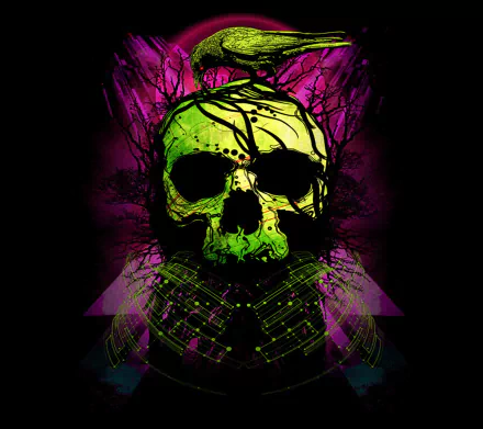 HD desktop wallpaper featuring a vividly colored skull with dark, eerie background tones in purple and green.