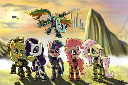 A vibrant HD wallpaper featuring Rainbow Dash, Pinkie Pie, Rarity, Fluttershy, Applejack, and Twilight Sparkle from My Little Pony, set against a fantasy landscape.
