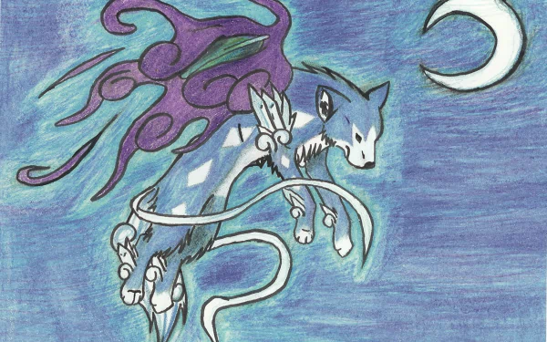 A striking HD wallpaper featuring a crossover of Ōkami and Suicune from Pokémon, set against a vibrant blue background with a crescent moon.