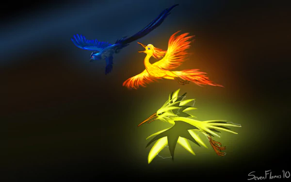 A vibrant HD wallpaper featuring Moltres, Zapdos, and Articuno from Pokémon, showcasing their iconic designs against a striking background. Perfect for any Pokémon fan's desktop.