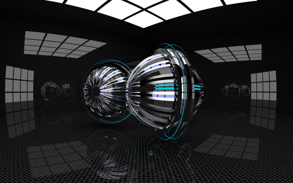 A striking 3D CGI abstract design featuring metallic balls with glowing accents, set against a sleek black background. This 8K Ultra HD wallpaper enhances any desktop setup.
