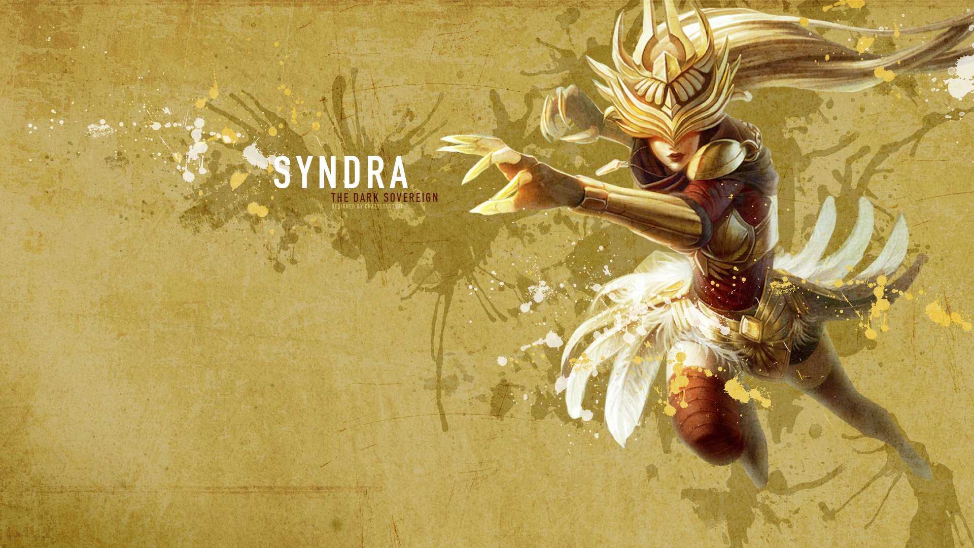 HD PC desktop wallpaper featuring Syndra, the Dark Sovereign from the video game League of Legends, with a gold-toned background and dynamic action pose.