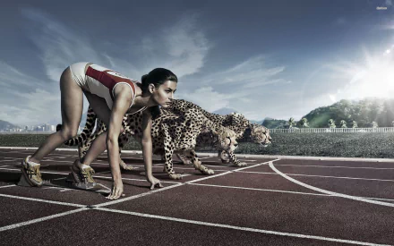 HD desktop wallpaper shows a female athlete poised to race alongside two cheetahs on a track, blending humor and athletics in a dynamic, high-energy scene.