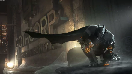 HD PC desktop wallpaper featuring Batman in tactical suit from the video game Batman: Arkham Origins crouching in a dark industrial setting.