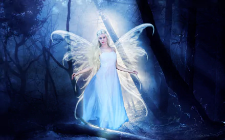 A ethereal fairy with flowing hair and delicate wings stands amidst a mystical dark forest, surrounded by soft light, creating a captivating fantasy scene. Perfect HD wallpaper for any desktop.