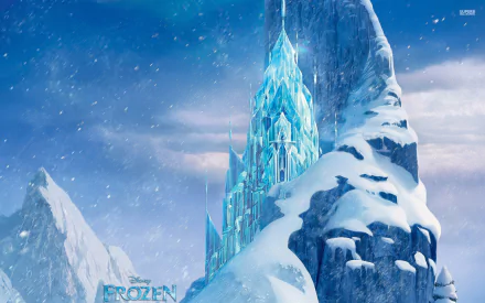 A stunning HD wallpaper featuring the icy castle from Disney's Frozen, surrounded by snow-covered mountains and a serene winter landscape.