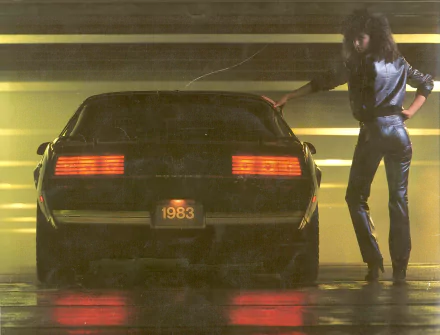 1983 Pontiac Trans Am vehicle — rear view of a black Trans Am with glowing taillights, wet-reflection floor and a figure beside the car; HD PC desktop wallpaper/background.