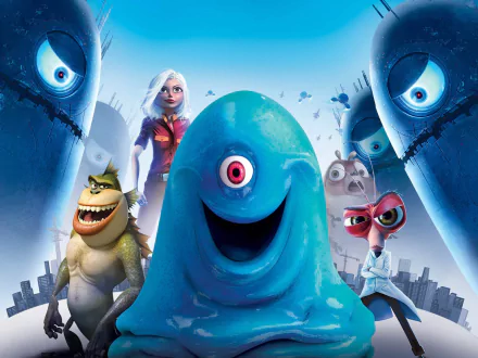 HD PC desktop wallpaper of B.O.B. from the Monsters vs. Aliens movie — a smiling one-eyed blue blob with fellow monster characters and a city skyline backdrop.