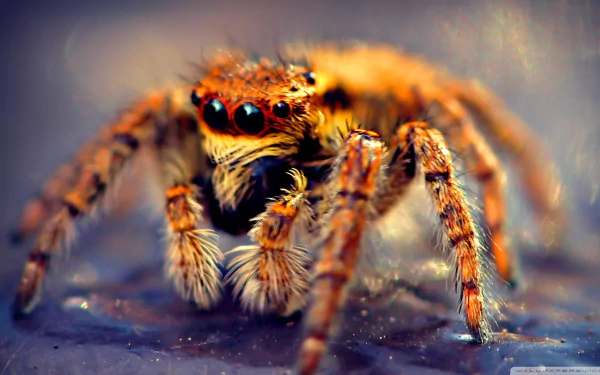 Close-up HD desktop wallpaper of a vibrant jumping spider showcasing detailed fur and striking eyes against a blurred background.