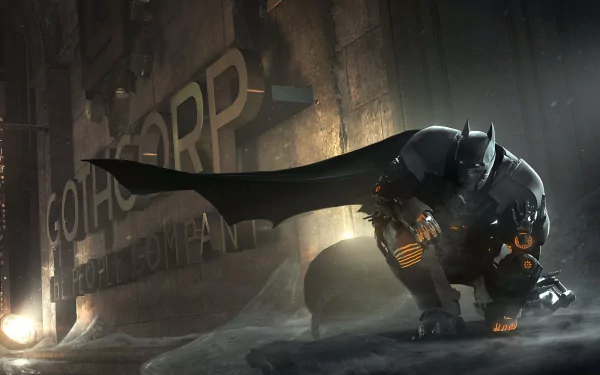HD PC desktop wallpaper featuring Batman in tactical suit from the video game Batman: Arkham Origins crouching in a dark industrial setting.
