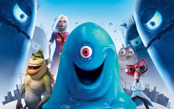 HD PC desktop wallpaper of B.O.B. from the Monsters vs. Aliens movie — a smiling one-eyed blue blob with fellow monster characters and a city skyline backdrop.