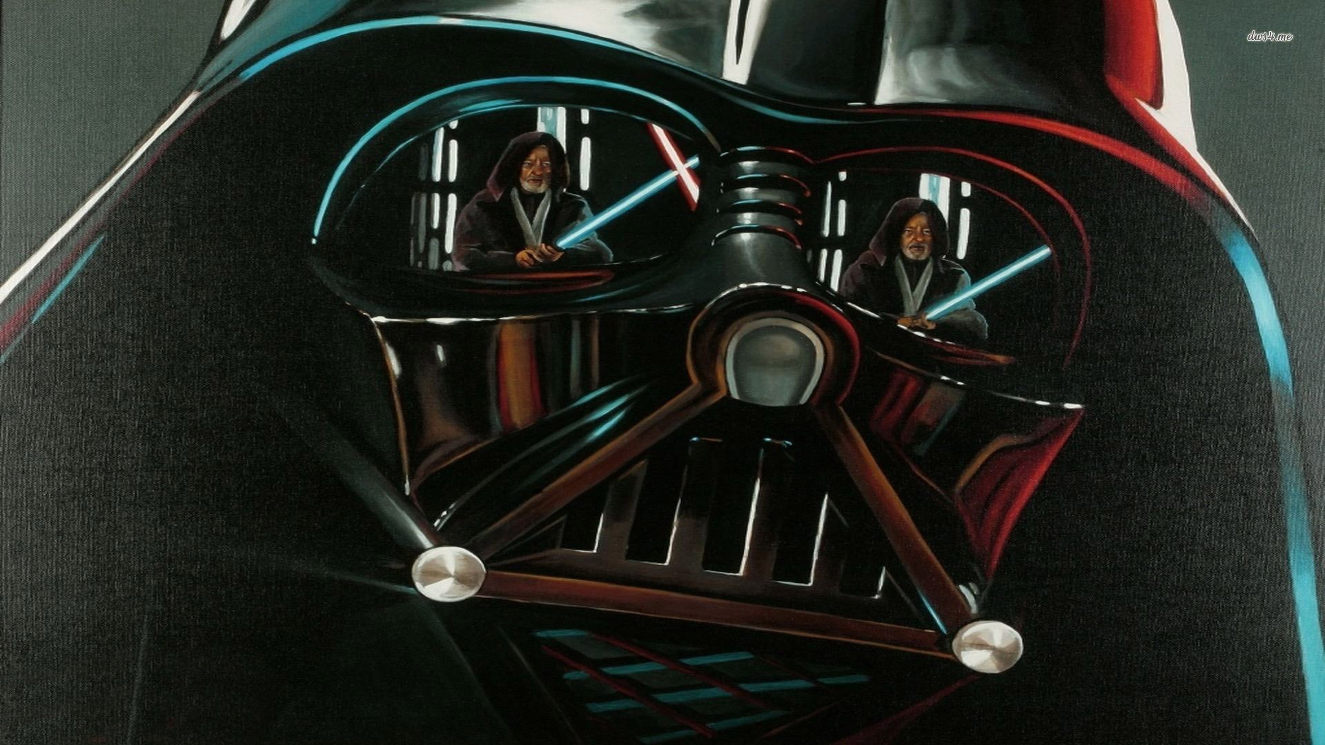 High-definition wallpaper featuring Darth Vader and Obi-Wan Kenobi from the Star Wars movie franchise, showcasing an intense lightsaber duel in a striking design.