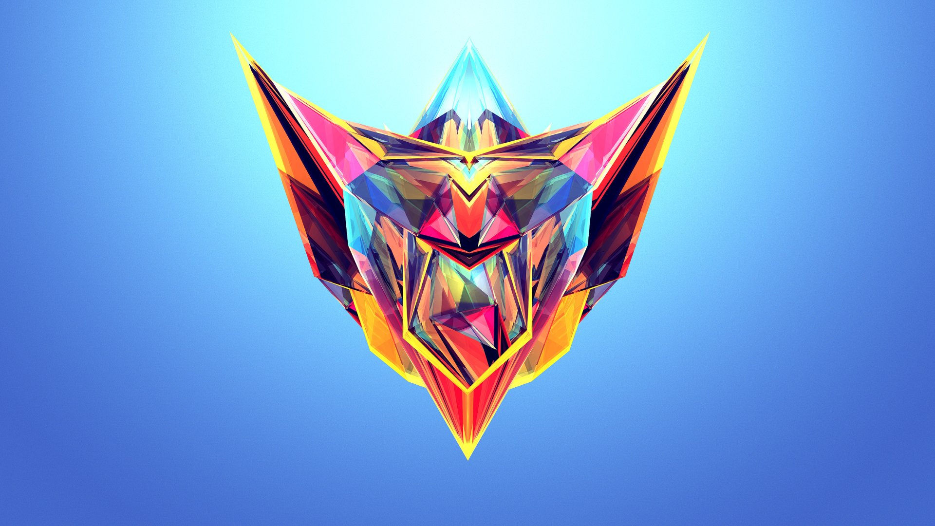 Abstract, colorful facets form a vibrant, geometric shape centered on a smooth blue gradient, designed as an HD PC desktop wallpaper and background.
