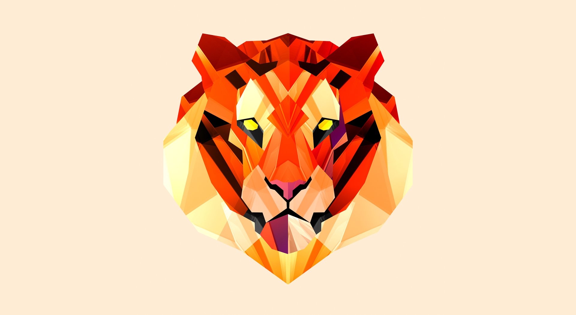 Abstract, faceted tiger head in vibrant orange and yellow tones, designed as an HD PC desktop wallpaper and background.