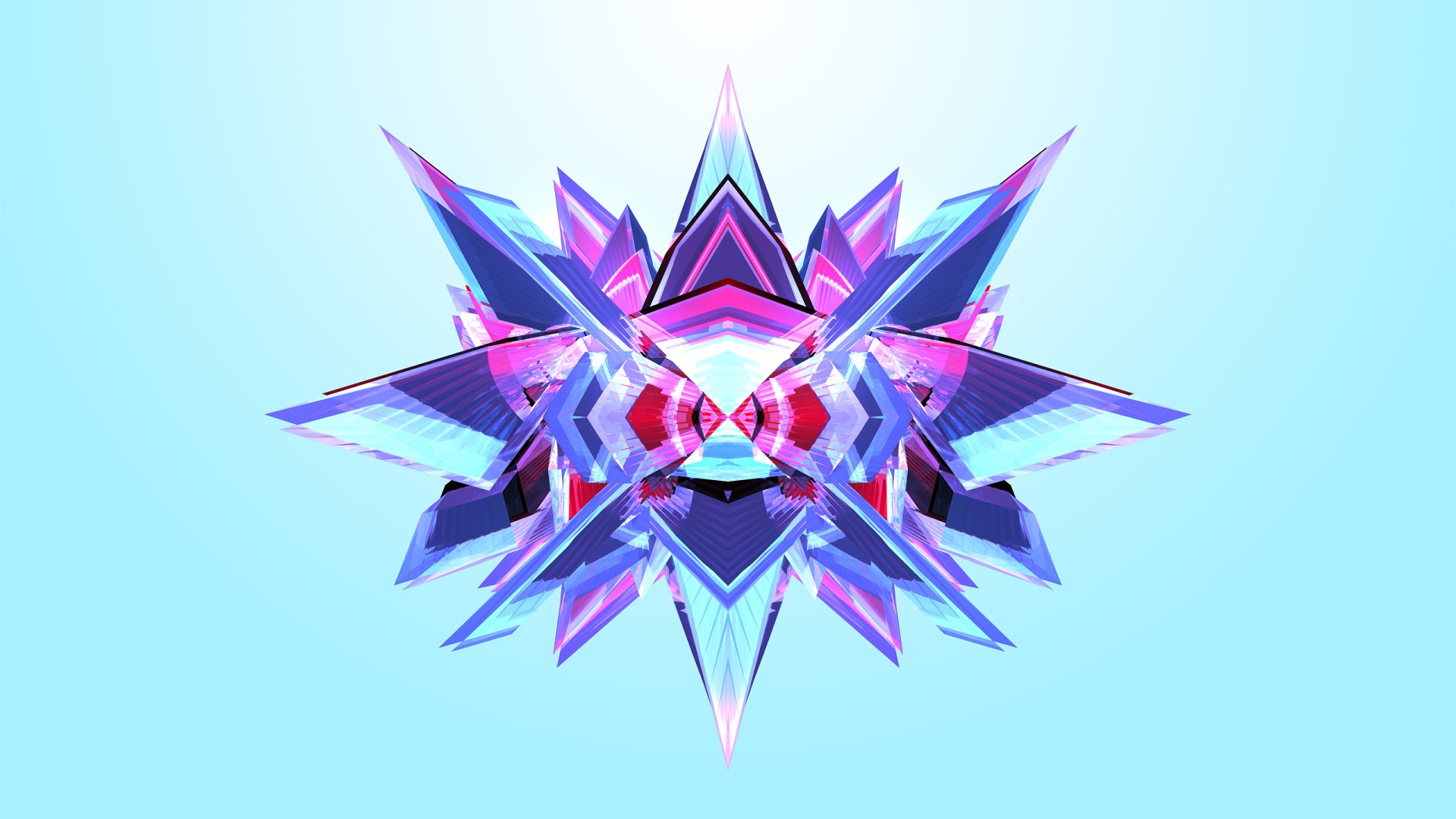 Abstract HD PC desktop wallpaper featuring a vibrant, multifaceted geometric design with sharp, crystalline shapes in shades of blue, pink, and purple on a light background.