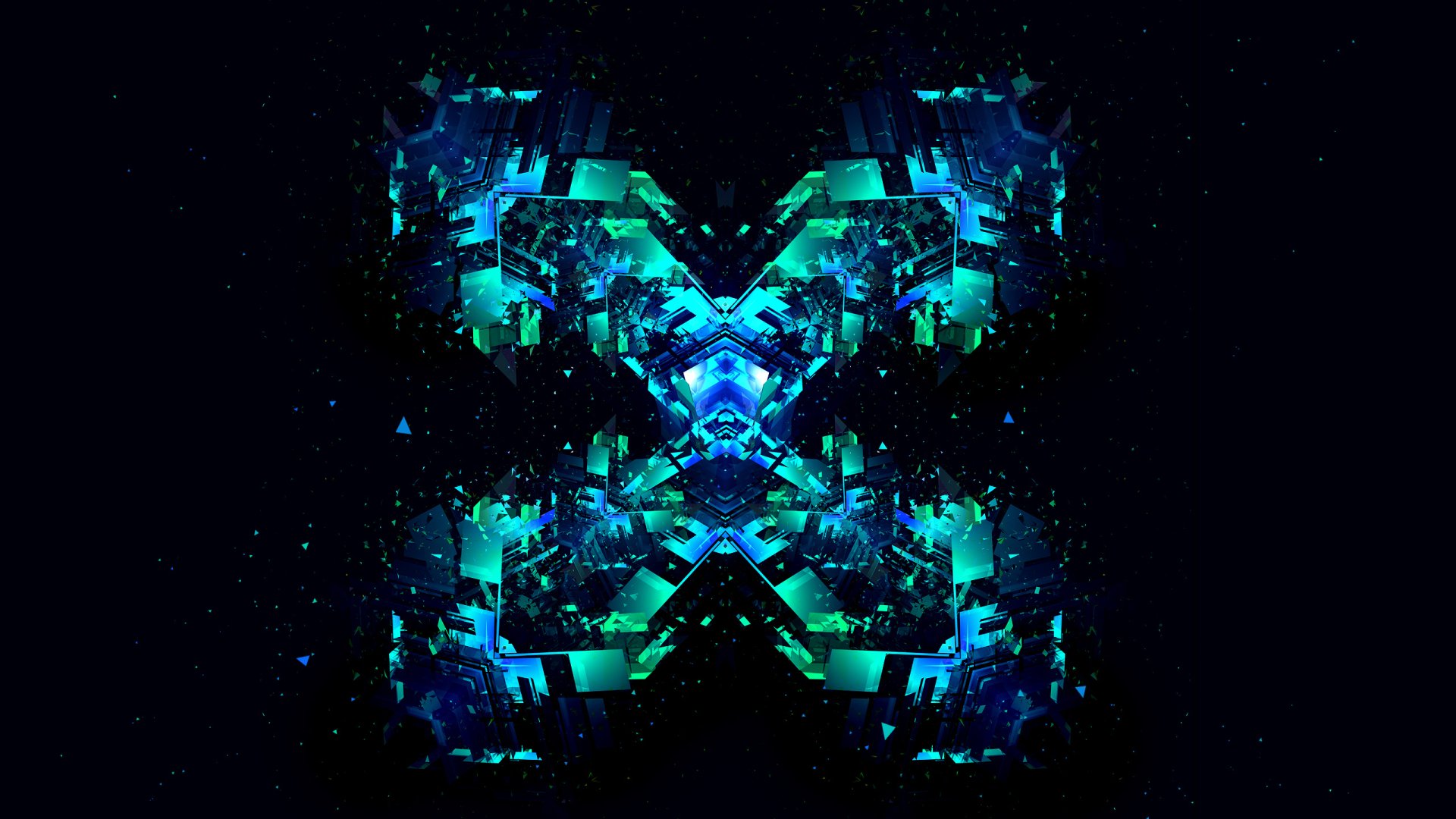 Abstract faceted teal-and-cyan crystalline X on black, glowing geometric shards and particles — 2K Quad HD PC desktop wallpaper/background.